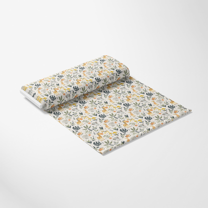 - Baby Safari Animals Pattern 6 Quilting Cotton Fabric  
- white background  
- orange, yellow, green, gray colors  
- animal illustrations  
- safari motifs  
- quilting cotton material  
- nature inspired  
- soft textile  
- repeated design  
- fabric yardage product