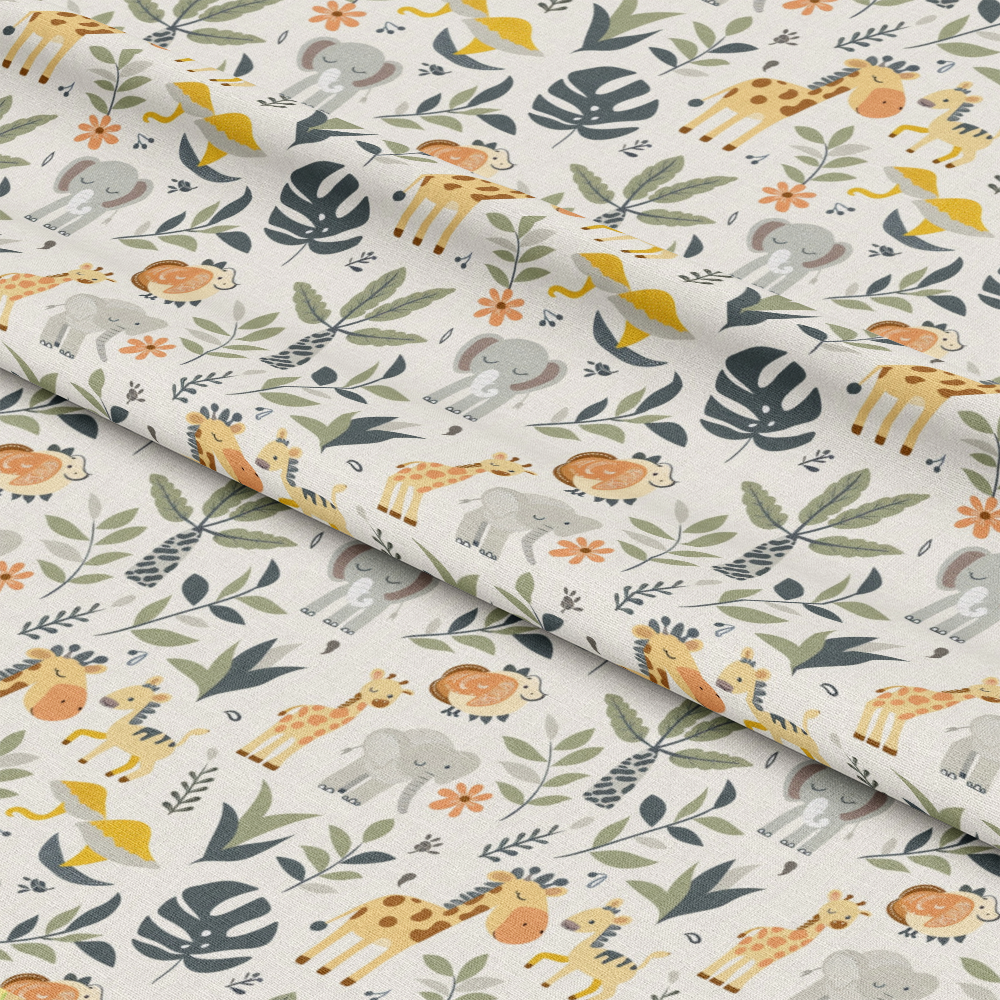 - Baby Safari Animals Pattern 6 Quilting Cotton Fabric  
- soft beige background  
- muted yellow giraffes  
- light gray elephants  
- orange lions  
- green tropical leaves  
- whimsical animal print  
- cotton textile  
- quilting fabric  
- safari theme  
- nature-inspired design  
- cute baby animal illustrations  
- neutral earth tones  
- gentle playful pattern