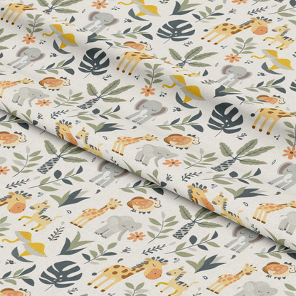 - Baby Safari Animals Pattern 6 Quilting Cotton Fabric  
- soft beige background  
- muted yellow giraffes  
- light gray elephants  
- orange lions  
- green tropical leaves  
- whimsical animal print  
- cotton textile  
- quilting fabric  
- safari theme  
- nature-inspired design  
- cute baby animal illustrations  
- neutral earth tones  
- gentle playful pattern