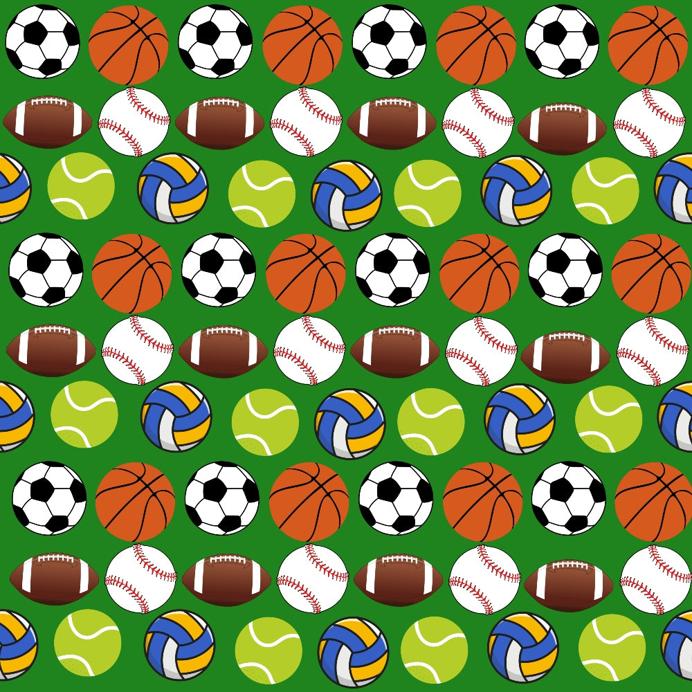 sports balls, soccer ball, basketball, football, baseball, tennis ball, volleyball, green background, repeating pattern, athletic theme, school sports, quilting cotton, fabric panel, orange, white, brown, yellow, blue, lime green, geometric arrangement, sports equipment