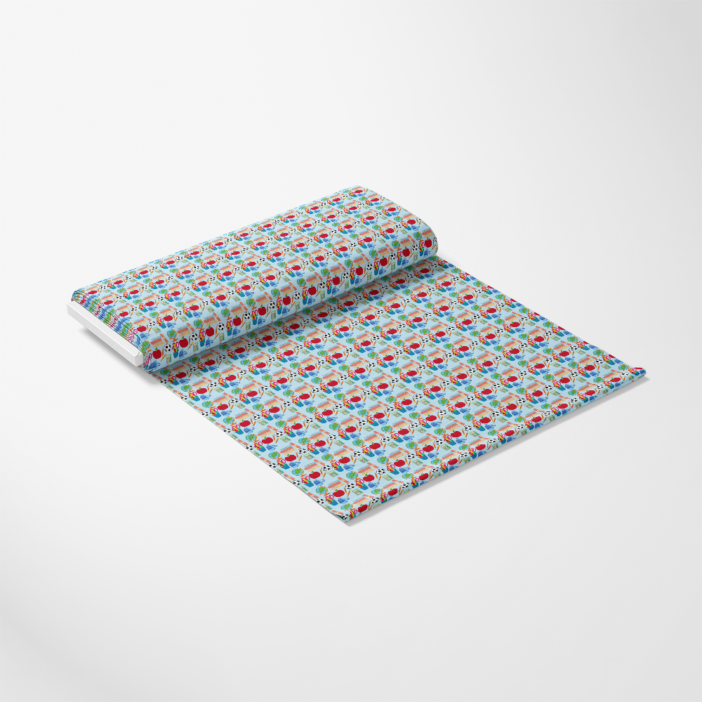 Back To School Elements Pattern 4 Quilting Cotton Fabric, colorful, school-themed design, red apples, green leaves, blue background, cotton textile, quilting material, soft, vibrant, fabric roll, educational motifs, lightweight textile, sewing cloth
