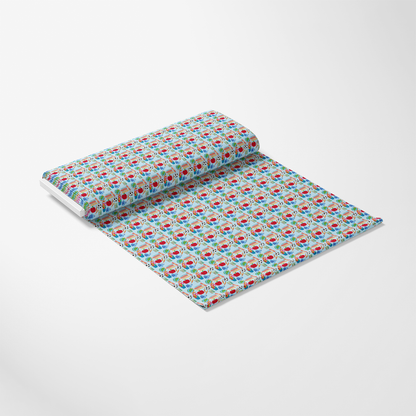Back To School Elements Pattern 4 Quilting Cotton Fabric, colorful, school-themed design, red apples, green leaves, blue background, cotton textile, quilting material, soft, vibrant, fabric roll, educational motifs, lightweight textile, sewing cloth
