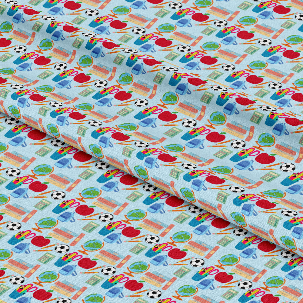 Back To School Elements Pattern 4 Quilting Cotton Fabric featuring colorful school supplies, hearts, globes, scissors, rulers, backpacks, and soccer balls on light blue background, quilting textile, cotton cloth, educational themed print, bright multicolor fabric, premium quilting cotton, sewing material, craft fabric.