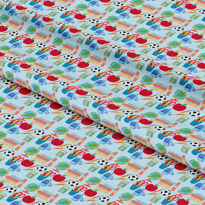 Back To School Elements Pattern 4 Quilting Cotton Fabric featuring colorful school supplies, hearts, globes, scissors, rulers, backpacks, and soccer balls on light blue background, quilting textile, cotton cloth, educational themed print, bright multicolor fabric, premium quilting cotton, sewing material, craft fabric.