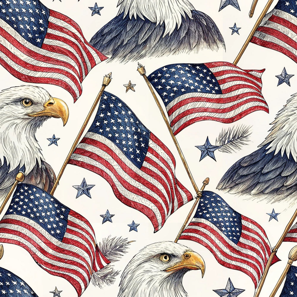 A seamless pattern featuring illustrations of bald eagles, American flags, stars, and feathers in red, white, and blue on a light background.