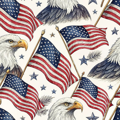 A seamless pattern featuring illustrations of bald eagles, American flags, stars, and feathers in red, white, and blue on a light background.