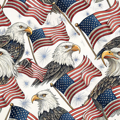 Illustration of multiple bald eagles and American flags, with fireworks in the background. The pattern is repeated, and the colors are primarily red, white, blue, and brown.