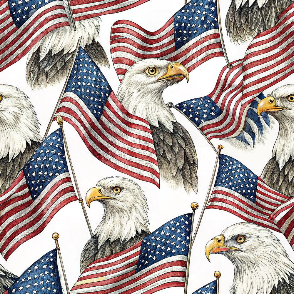 Illustration of multiple bald eagles and American flags closely arranged on a white background. The eagles have serious expressions and the flags are shown waving, with detailed stars and stripes.