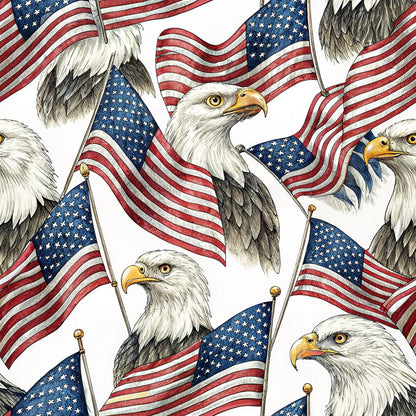 Illustration of multiple bald eagles and American flags closely arranged on a white background. The eagles have serious expressions and the flags are shown waving, with detailed stars and stripes.