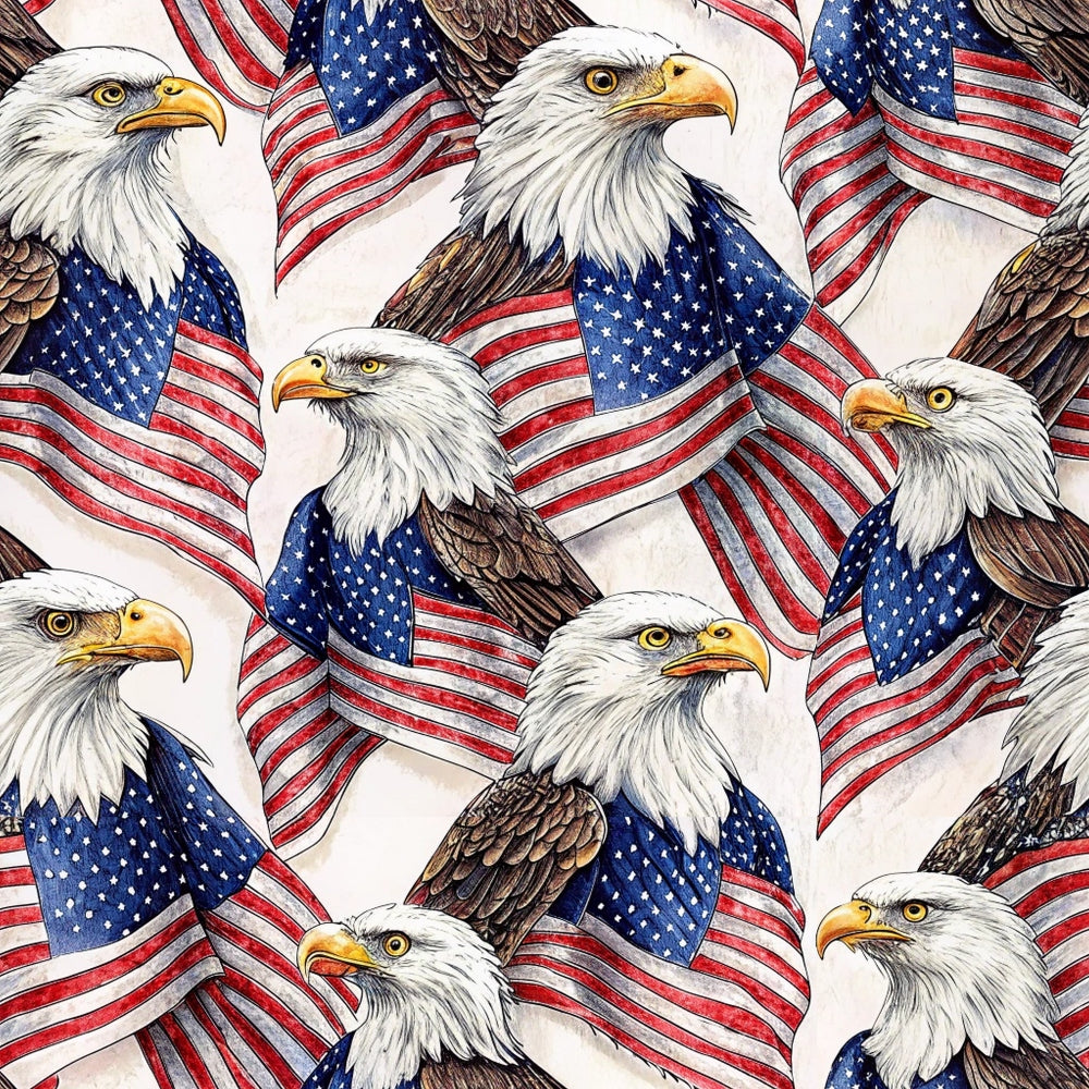 Illustration of multiple bald eagles draped in American flags, arranged in a repeating pattern. The flags cover the eagles shoulders, and the background is light-colored.