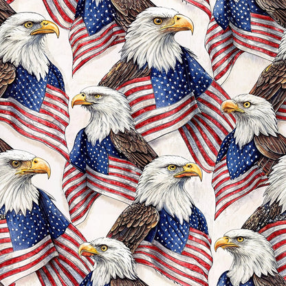 Illustration of multiple bald eagles draped in American flags, arranged in a repeating pattern. The flags cover the eagles shoulders, and the background is light-colored.