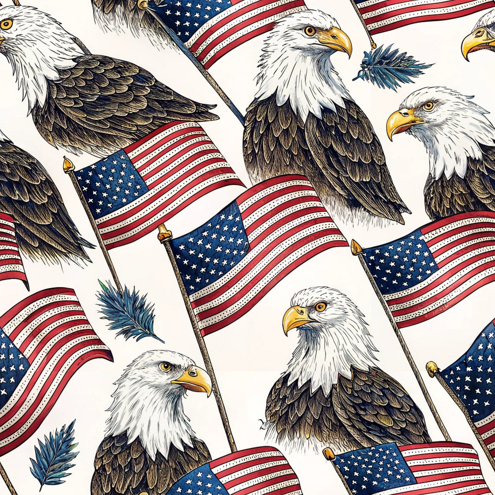 Pattern of bald eagles and waving American flags on a white background, with occasional blue feathers scattered throughout the design.