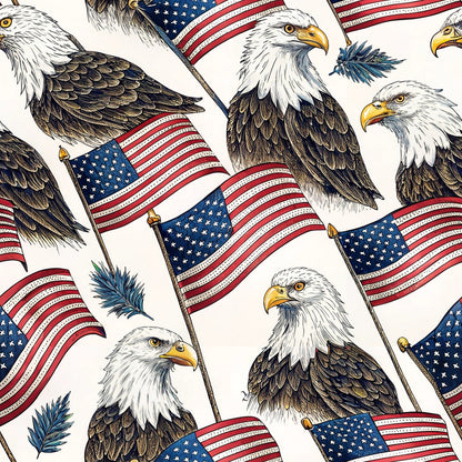 Pattern of bald eagles and waving American flags on a white background, with occasional blue feathers scattered throughout the design.