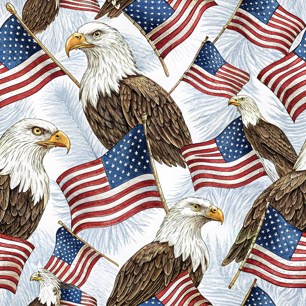 Illustration of multiple bald eagles holding and surrounded by American flags, set against a light background with faint feather patterns. The eagles and flags are repeated in a seamless, overlapping pattern.