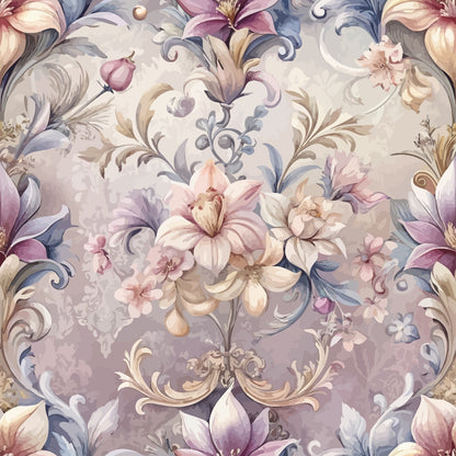 baroque florals, lilies, ornate scrollwork, mauve, dusty rose, sage green, cream, lavender, vintage damask, decorative swirls, botanical motifs, elegant flowers, rococo style, muted pastels, quilting cotton, fabric panel, floral arrangement, antique aesthetic, soft tones, ornamental design