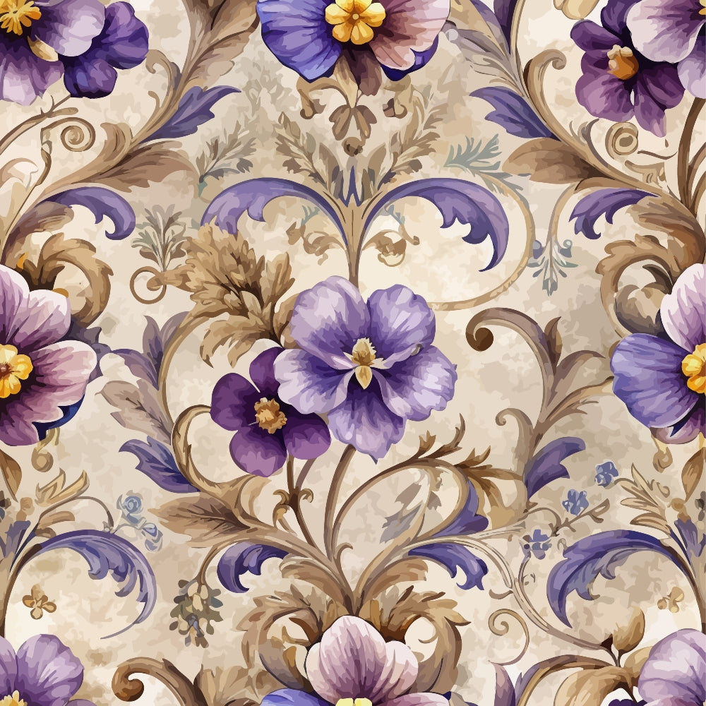 purple flowers, baroque pattern, ornate scrollwork, floral motifs, cream background, lavender blooms, brown foliage, decorative swirls, vintage style, quilting cotton, fabric panel, elegant design, rococo elements, botanical print, soft pastels, intricate details, damask style, flowing vines, romantic florals