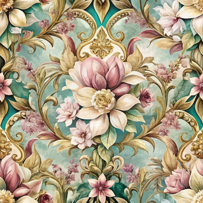 baroque pattern, floral design, pink flowers, cream blossoms, teal background, gold scrollwork, ornate damask, magnolia blooms, decorative flourishes, vintage style, quilting cotton, fabric panel, romantic florals, pastel palette, elegant motifs, botanical print, rococo elements, soft pink, sage green, antique gold