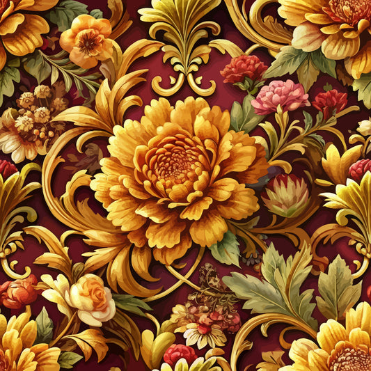 burgundy background, golden yellow flowers, baroque pattern, ornate florals, decorative scrollwork, chrysanthemums, roses, coral pink blooms, olive green leaves, swirling vines, elaborate design, rich colors, vintage style, quilting cotton, fabric panel, luxurious motifs, autumn tones, detailed petals, flowing acanthus