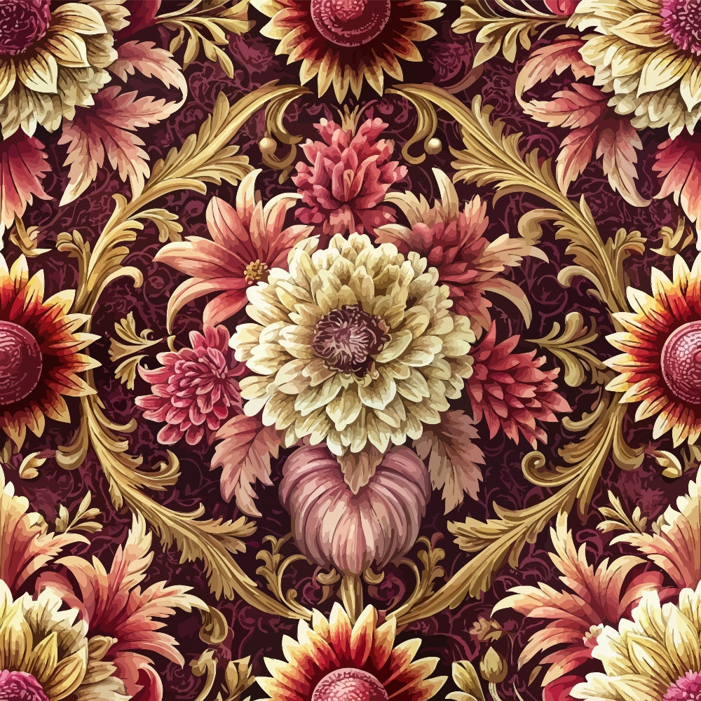 burgundy, maroon, gold, cream, pink, coral, baroque pattern, ornate florals, damask design, decorative scrollwork, vintage flowers, elaborate petals, intricate details, quilting cotton, fabric panel, rich colors, luxurious motifs, repeating pattern, floral medallions, autumn tones