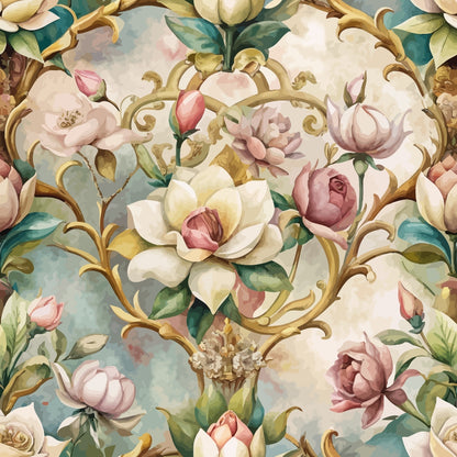 baroque florals, ornate scrollwork, pink roses, cream magnolias, sage green leaves, gold accents, rococo style, vintage floral, decorative motifs, quilting cotton, fabric panel, romantic flowers, pastel palette, elegant blooms, botanical design, soft pink, ivory white, teal blue, ornamental pattern, luxurious florals