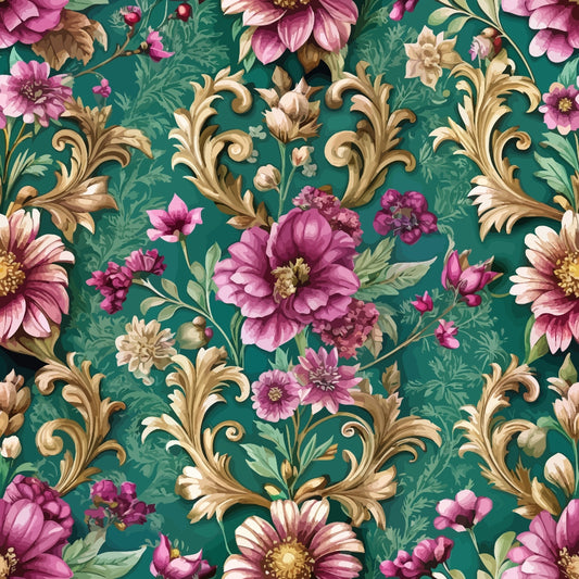 teal background, pink flowers, purple blooms, gold baroque scrolls, ornate flourishes, floral pattern, quilting cotton, fabric panel, vintage style, decorative swirls, romantic florals, emerald green, magenta petals, elaborate scrollwork, botanical design, rich colors, ornamental motifs, luxurious pattern, detailed flowers