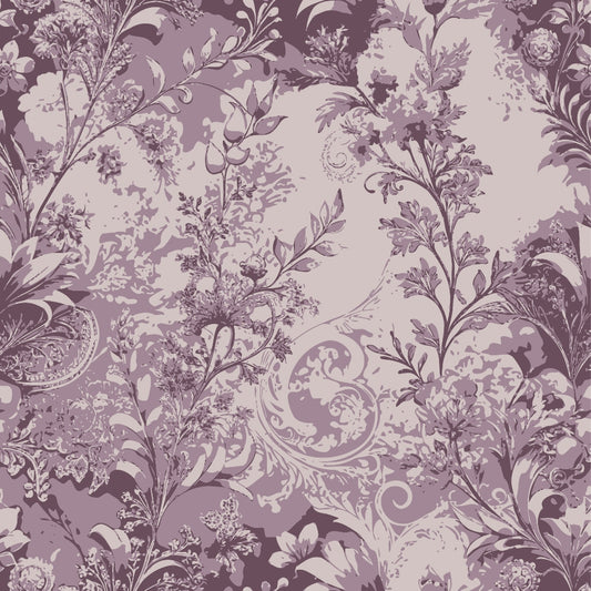 A detailed, vintage-style botanical pattern in shades of purple and cream, featuring intertwined flowers, leaves, and swirling decorative elements on a textured background.