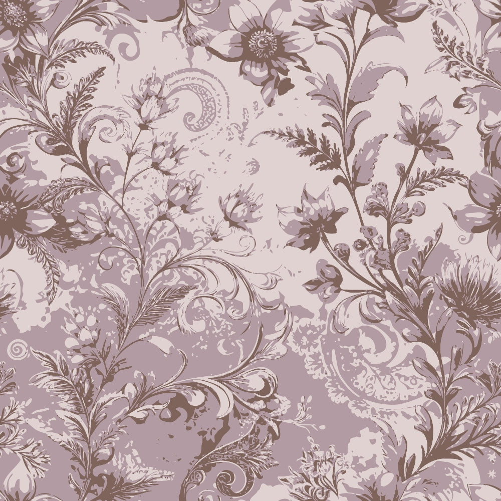 mauve, dusty rose, lavender, baroque florals, ornate scrollwork, paisley motifs, vintage botanical, decorative swirls, intricate flowers, quilting cotton, fabric panel, romantic pattern, elegant design, floral damask, ornamental vines, sophisticated palette, detailed foliage, decorative art, flowing curves, textile design