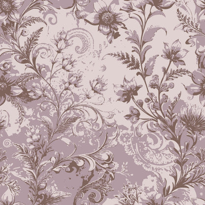 mauve, dusty rose, lavender, baroque florals, ornate scrollwork, paisley motifs, vintage botanical, decorative swirls, intricate flowers, quilting cotton, fabric panel, romantic pattern, elegant design, floral damask, ornamental vines, sophisticated palette, detailed foliage, decorative art, flowing curves, textile design