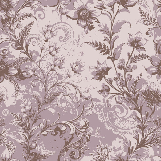 A seamless pattern featuring detailed floral and leaf designs in shades of brown and beige, set against a textured, off-white background with ornamental swirls and botanical elements.