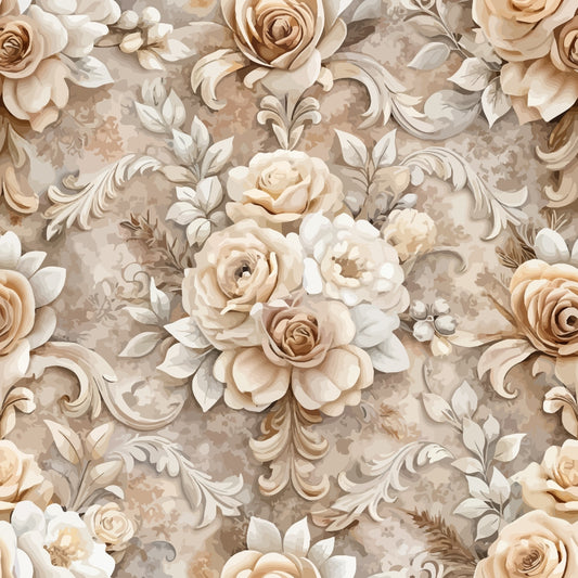 A seamless floral pattern featuring detailed, cream and beige roses with leaves and curly decorative elements on a light, textured background. The design has a vintage, ornamental style.