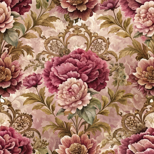 A seamless floral pattern featuring large, detailed pink, burgundy, and cream flowers with green leaves and ornate gold decorative elements on a beige background.