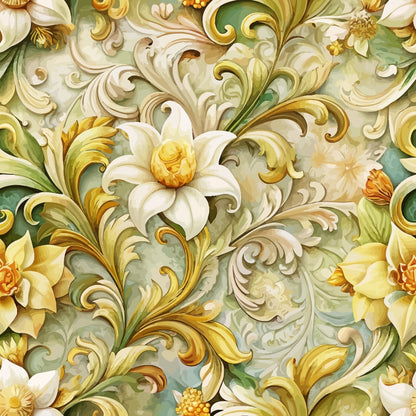 baroque florals, ornate scrollwork, cream flowers, golden yellow, sage green, decorative swirls, white blossoms, acanthus leaves, vintage pattern, quilting cotton, fabric panel, rococo style, elegant motifs, botanical design, ivory petals, gilded accents, luxurious pattern, flowing vines, ornamental design