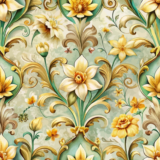 Seamless floral pattern featuring yellow and white ornate flowers with green leaves and swirling gold accents on a light, textured background. The design is symmetrical and richly detailed.