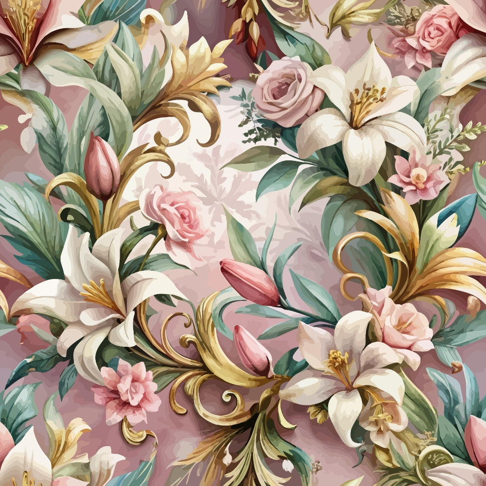 dusty rose, mauve, cream, sage green, gold accents, baroque pattern, ornate florals, lilies, roses, decorative scrollwork, vintage style, elegant design, quilting cotton, fabric panel, romantic mood, floral motifs, pastel palette, intricate details, botanical elements, luxurious feel