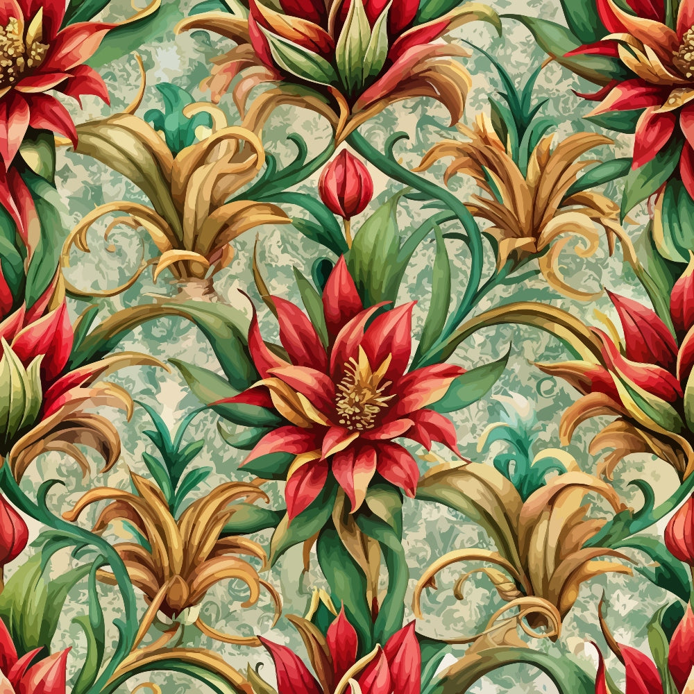 Seamless pattern featuring red and yellow ornate flowers with green leaves on a light green, textured background with subtle swirl designs. The flowers are evenly distributed and highly detailed.