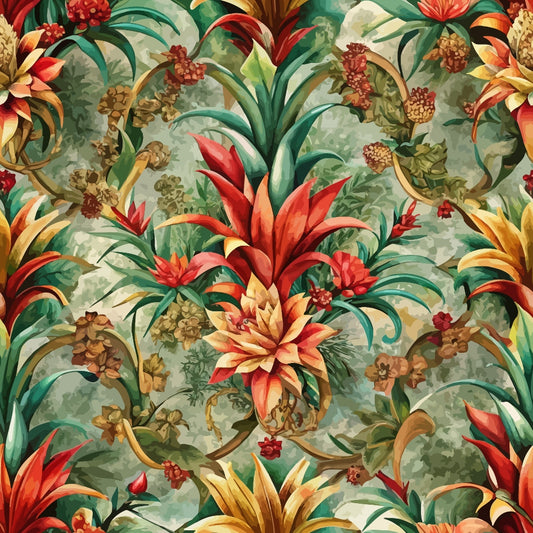 Seamless pattern featuring large, detailed tropical flowers in red, yellow, and orange tones with green leaves on a textured, greenish background. The flowers and foliage are arranged symmetrically throughout the image.