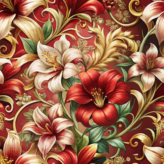 An ornate floral pattern featuring red and white lilies with green leaves and gold decorative swirls on a rich red background. The design is detailed and symmetrical, creating an elegant, antique appearance.