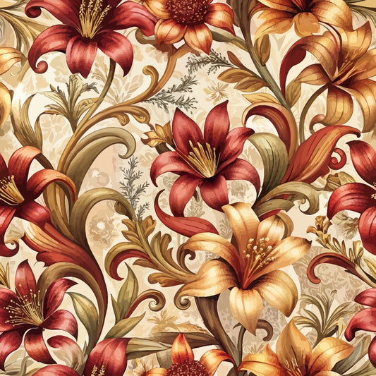 burgundy, golden yellow, cream, beige, baroque florals, ornate lilies, scrollwork, decorative swirls, botanical motifs, vintage style, elegant pattern, quilting cotton, fabric panel, warm tones, floral design, ornamental, luxurious feel, seamless repeat, autumn colors