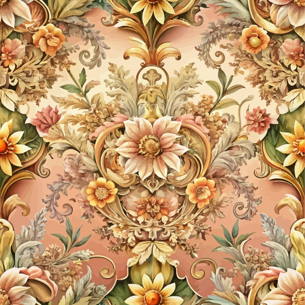 baroque florals, ornate flowers, damask pattern, peach background, coral pink, golden yellow, sage green, cream colors, decorative scrollwork, vintage botanical, symmetrical design, elaborate petals, rococo style, luxurious motifs, quilting cotton, fabric panel, floral medallions, ornamental leaves, warm earth tones, sophisticated pattern