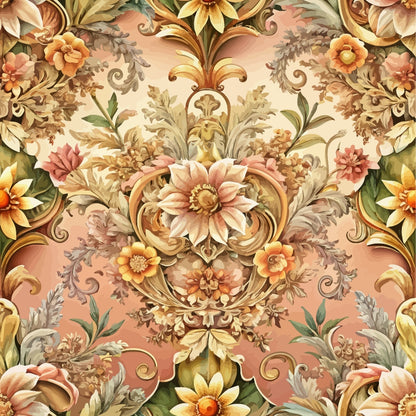baroque florals, ornate flowers, damask pattern, peach background, coral pink, golden yellow, sage green, cream colors, decorative scrollwork, vintage botanical, symmetrical design, elaborate petals, rococo style, luxurious motifs, quilting cotton, fabric panel, floral medallions, ornamental leaves, warm earth tones, sophisticated pattern