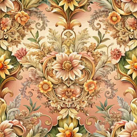 baroque florals, ornate flowers, damask pattern, peach background, coral pink, golden yellow, sage green, cream colors, decorative scrollwork, vintage botanical, symmetrical design, elaborate petals, rococo style, luxurious motifs, quilting cotton, fabric panel, floral medallions, ornamental leaves, warm earth tones, sophisticated pattern