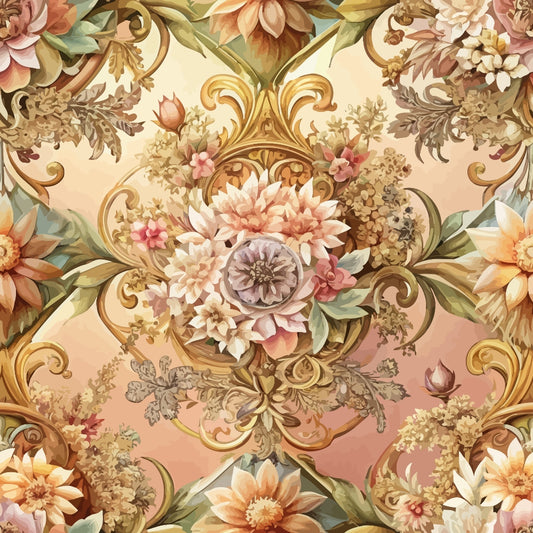 An ornate floral pattern with large, detailed flowers in soft pastel colors, surrounded by gold scrollwork and green leaves, set against a warm, gradient background.
