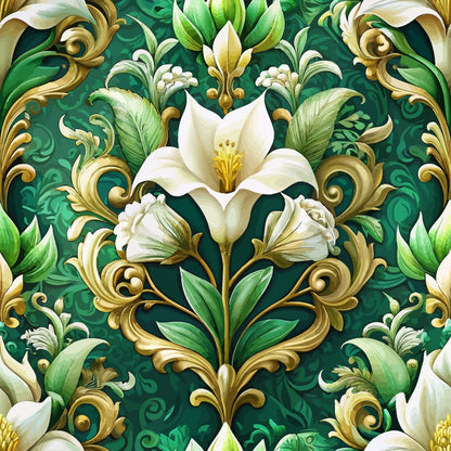 An ornate floral pattern features white lilies and leaves with gold accents on a green background. The design includes swirling details and symmetrical botanical elements.
