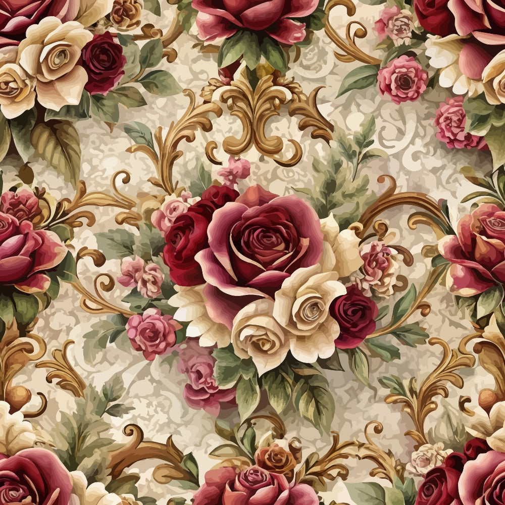 A seamless floral pattern featuring red, pink, and cream roses with green leaves and gold decorative swirls on a light beige background with a subtle ornate texture.