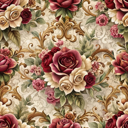 A seamless floral pattern featuring red, pink, and cream roses with green leaves and gold decorative swirls on a light beige background with a subtle ornate texture.