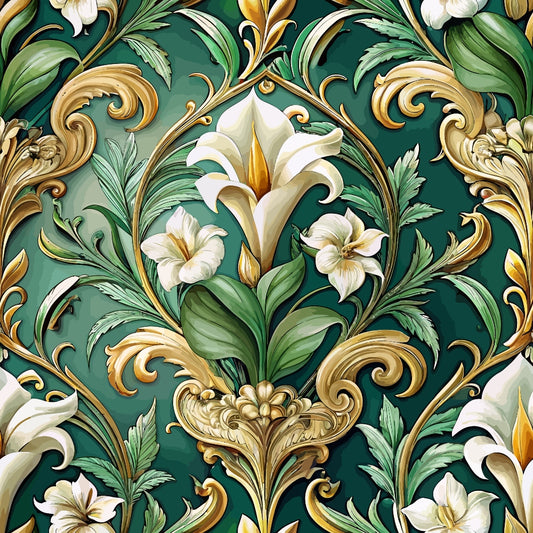 Ornate floral pattern featuring white lilies, green leaves, and gold scrollwork on a dark green background. The design is symmetrical and intricately detailed, with a classic, vintage style.