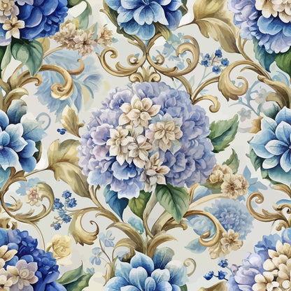 blue hydrangeas, cream background, gold scrollwork, baroque pattern, ornate flourishes, floral motif, quilting cotton, fabric panel, watercolor style, elegant design, purple blooms, green leaves, decorative swirls, botanical print, vintage inspired, soft pastels, romantic florals, seamless repeat, cotton fabric