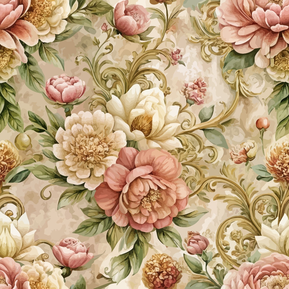 baroque florals, pink peonies, cream roses, sage green leaves, ornate scrollwork, vintage pattern, romantic florals, quilting cotton, fabric panel, dusty rose, ivory blooms, decorative swirls, botanical design, soft pastels, elegant flowers, repeating motif, antique style, floral arrangement, muted tones, ornamental pattern