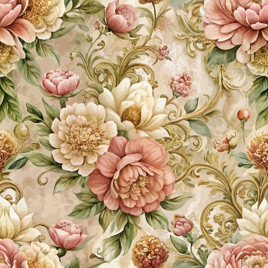 A seamless floral pattern featuring large, detailed flowers in shades of pink, cream, and gold with green leaves and ornate swirling vines on a beige background.
