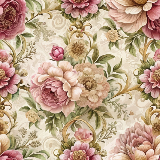 A seamless pattern of large, detailed pink and cream flowers with green leaves and decorative golden swirls on a light, ornate background. The design has a vintage, elegant style.